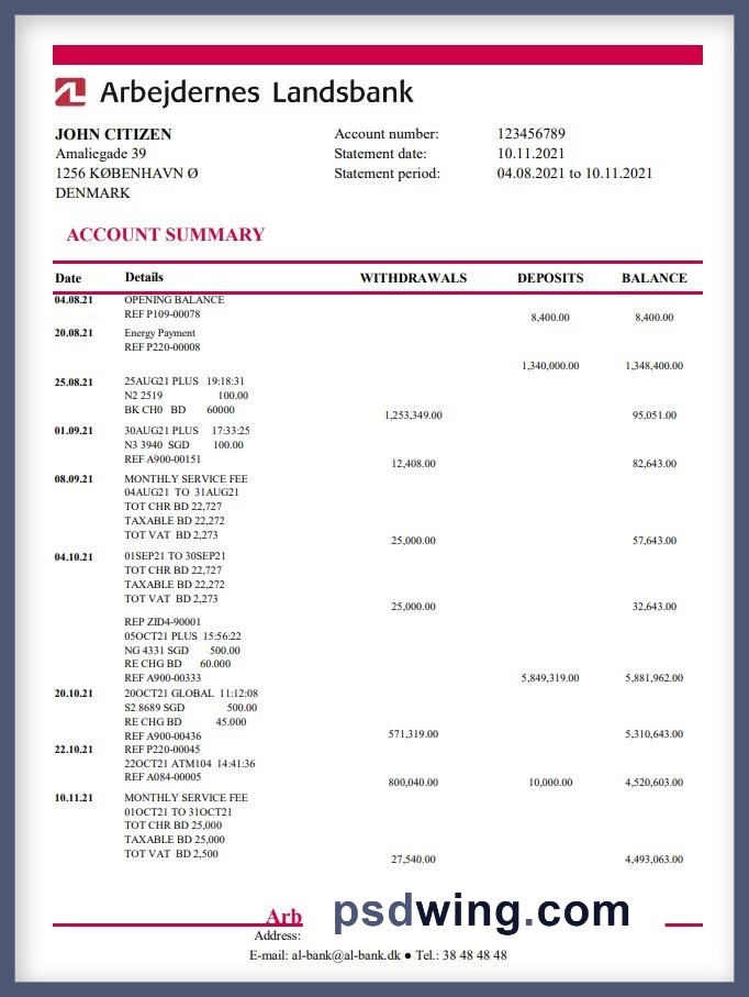 Denmark Arbejdernes Landsbank Bank Statement (Excel)